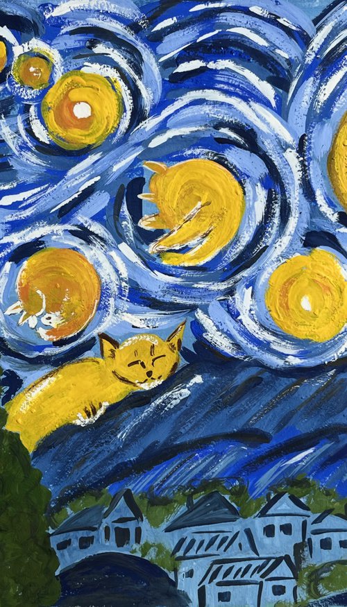 Cat starry night by Halyna Kirichenko