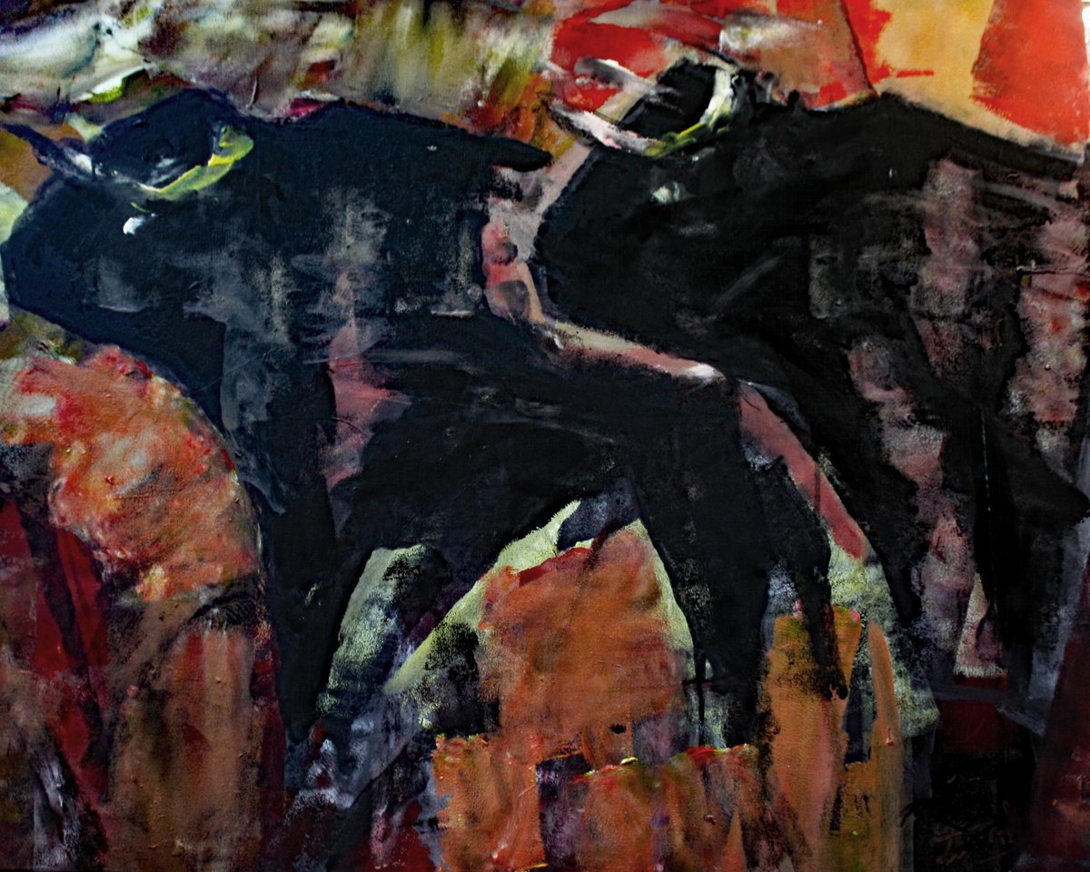 Expressive Animal Acrylic Painting By Jacques Donneaud, 39 X 31, Impression De Taureaux, Original Artwork