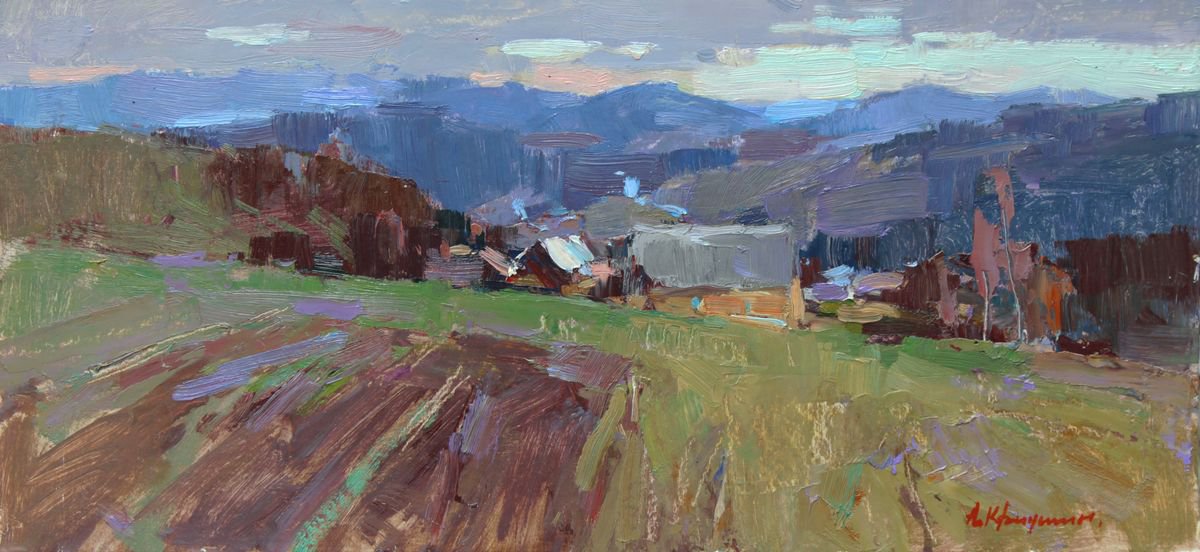 Impressionistic Landscape Oil Painting By Aleksandr Kryushyn, 21 X 10, The Village In The Mountains, Original Artwork