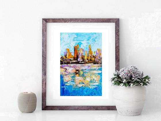 Skyline Painting Original Art Michigan Artwork Sailboat Wall Art  Small Painting Chicago Cityscape