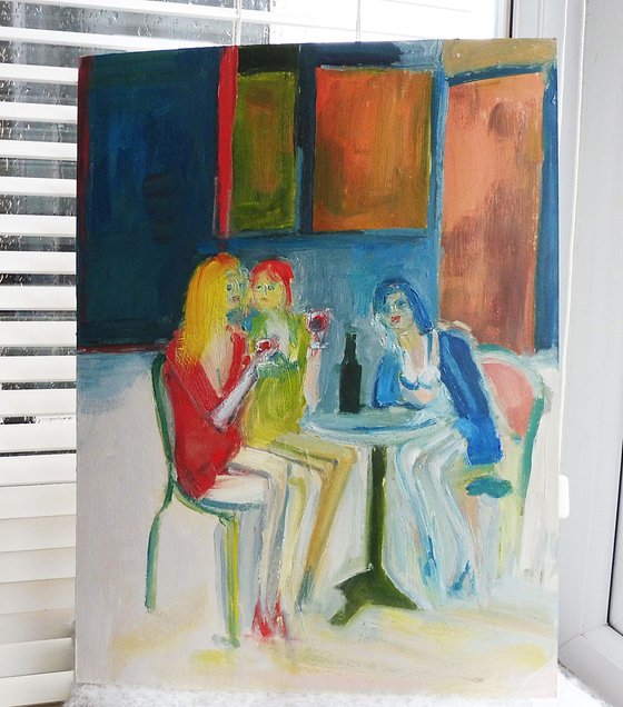 CAFE THREE GIRLS RED WINE. Original Figurative Oil Painting. Varnished.