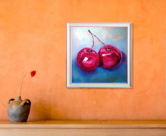 Cherry Painting Original Art Fruit Artwork Berries Still Life Wall Art Couple Cherries Painting