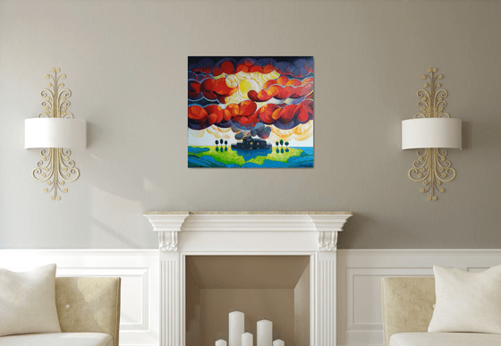 Sunset (80x90cm, cubism, oil painting, ready to hang)