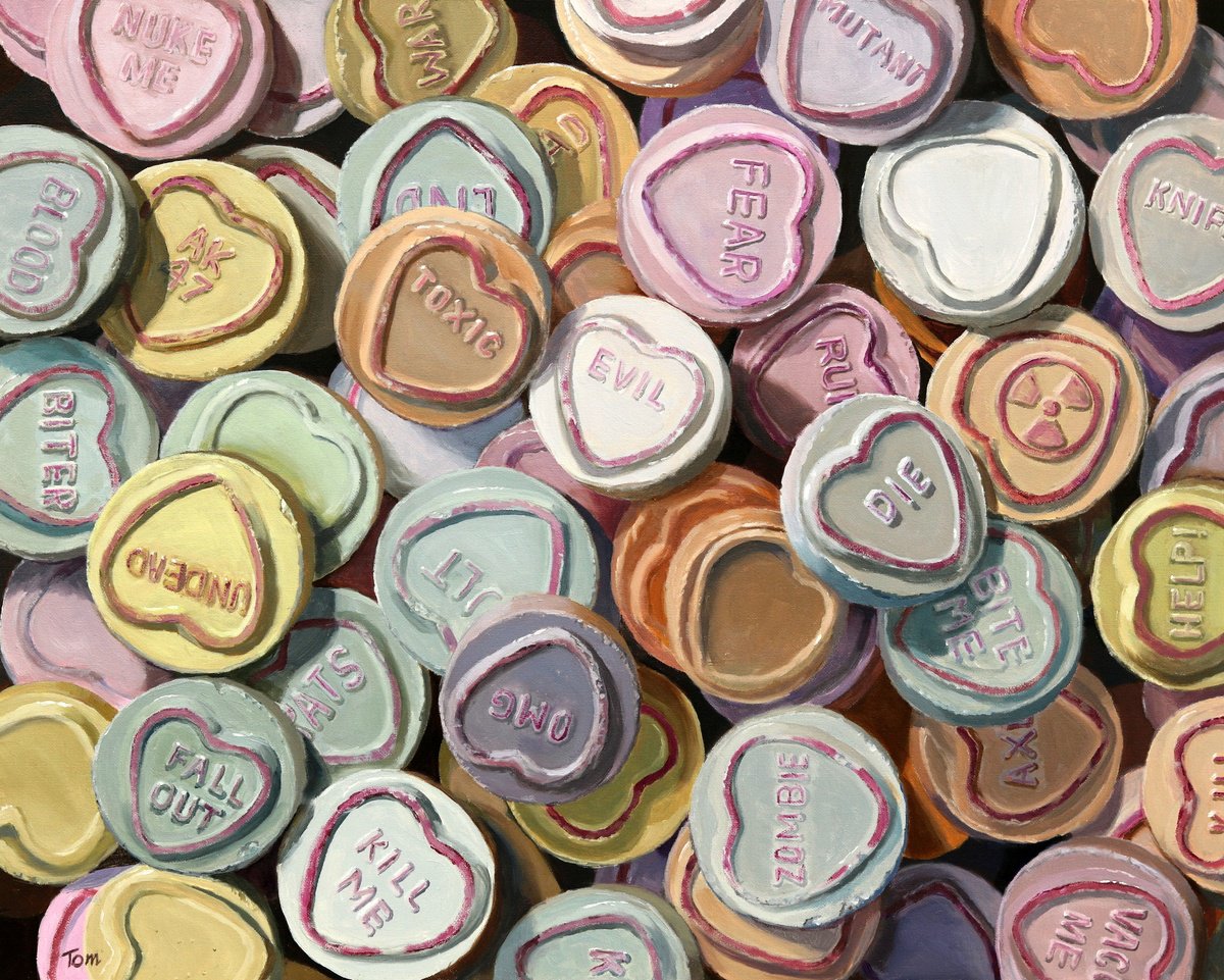 Illustrative Still Life Oil Painting By Tom Clay, 20 X 16", Apocalyptic Love Hearts, Original Artwork