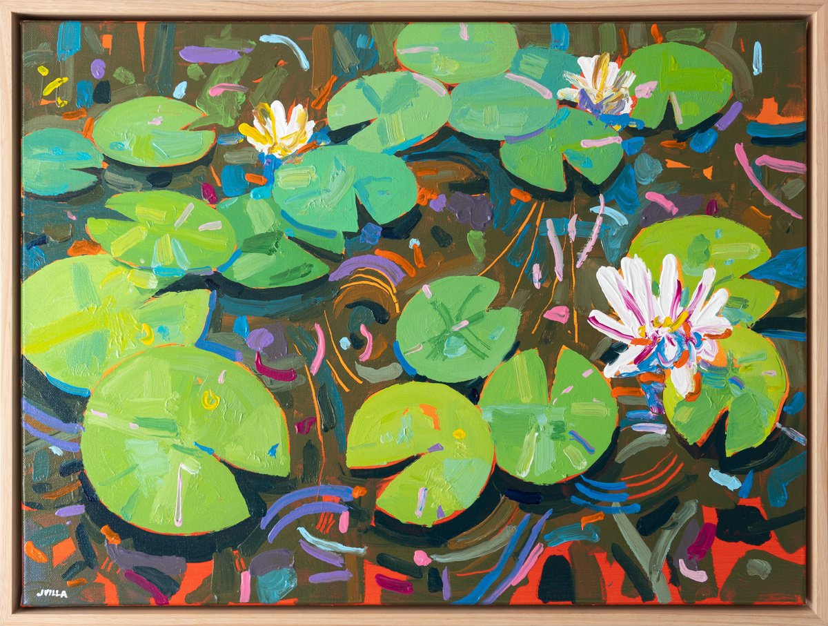 Impressionistic Botanical Acrylic Painting By Joseph Villanueva, 25 X 19", Tasman Lily Pond 55, Original Artwork