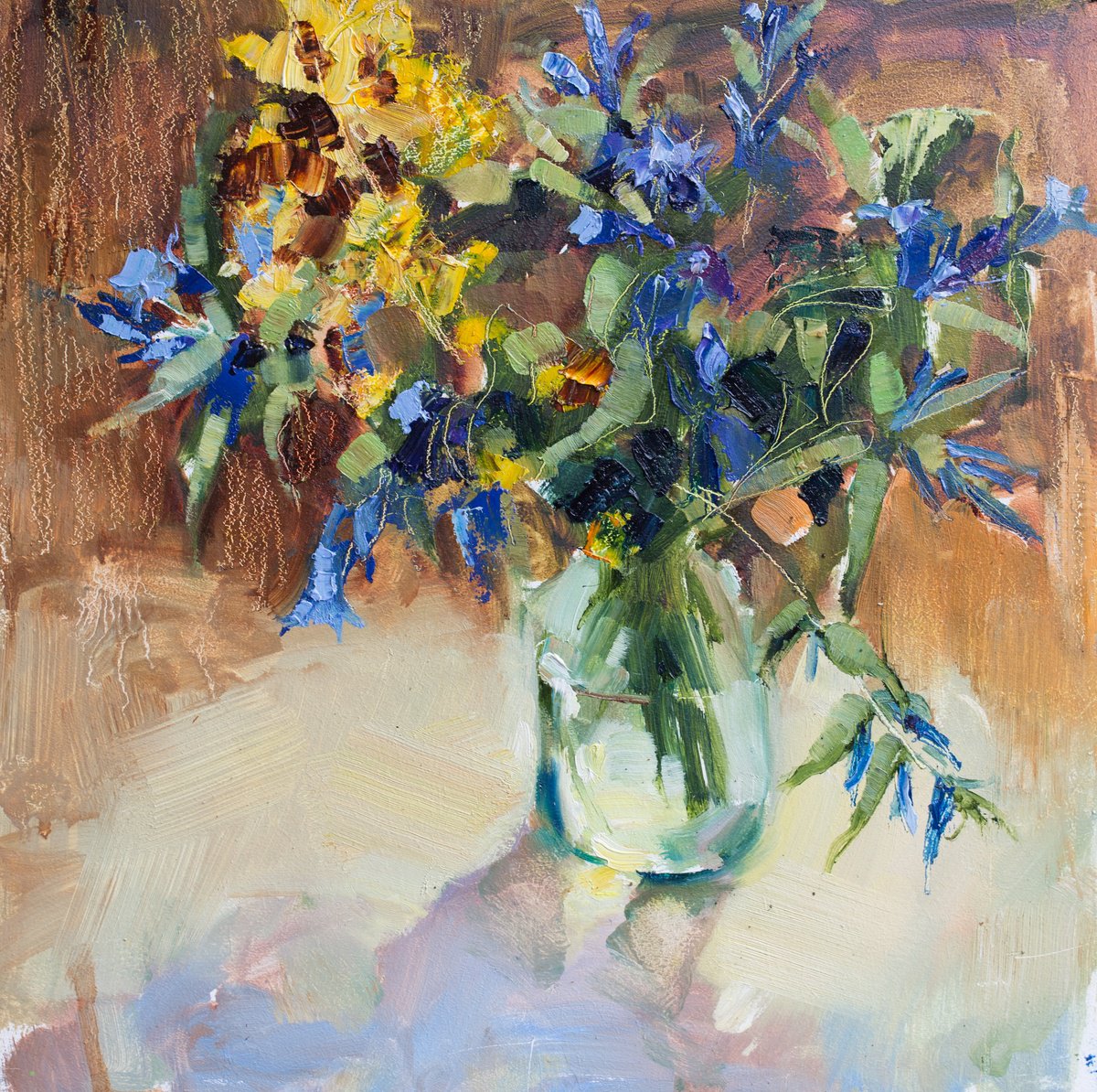 Impressionistic Botanical Oil Painting By Olha Laptieva, 12 X 12", Blue Flowers, Original Artwork