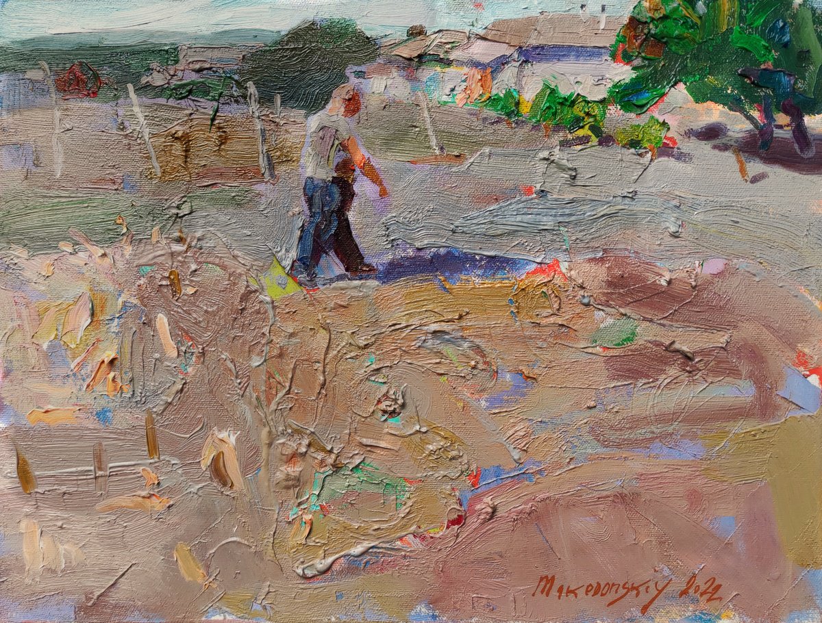 Impressionistic Landscape Oil Painting By Pavlo Makedonskyi, 16 X 12", Etude With A Moving Figure, Original Artwork