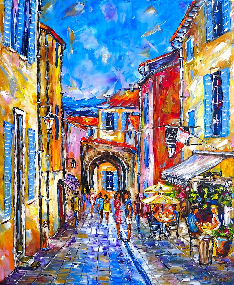 Expressive Cityscapes Oil Painting By Mirek Kuzniar, 20 X 24", The Alleys Of Saint-Tropez, Original Artwork