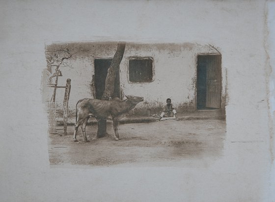 Cyanotype Print, Tea Toned, African Village