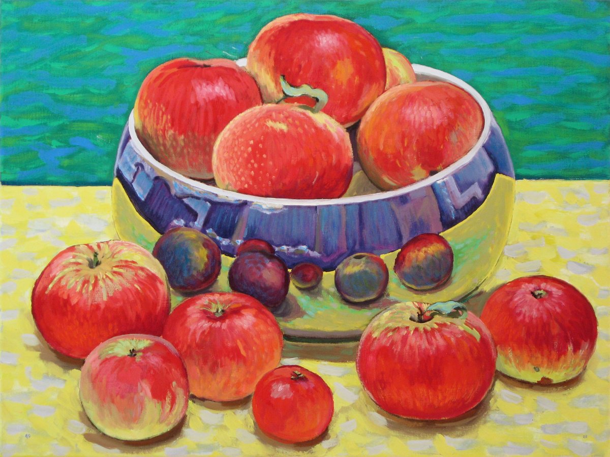 Still Life Oil Painting By Richard Gibson, 24 X 18", Apples And Bowl, Original Artwork