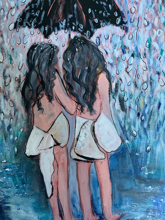 Acrylic Painting of Two Sisters People Portrait Blue Canvas Painting Ready To Hang