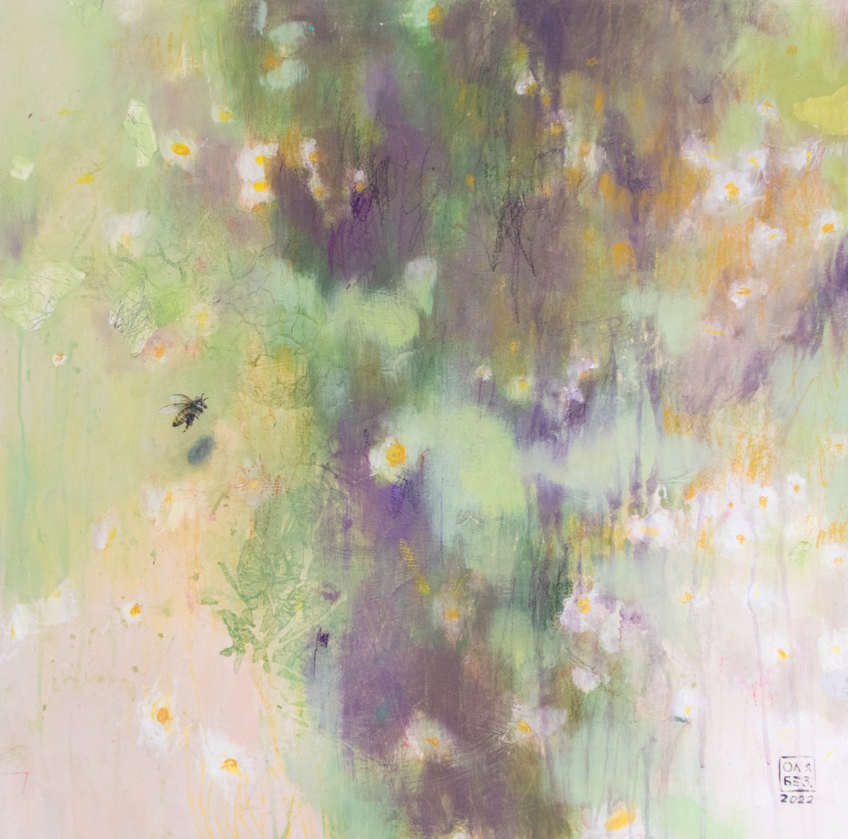 Impressionistic Botanical Acrylic Painting By Olga Bezverkhaya, 31 X 31", Bee And Flowers Field, Original Artwork