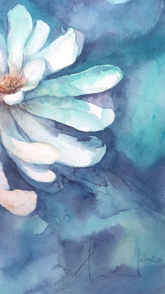 watercolour MAGNOLIA in TURQUOISE flower painting 30x45/ 2020.018
