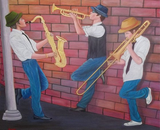 Street musicians, Brass trio, saxophone, trumpet, trombone