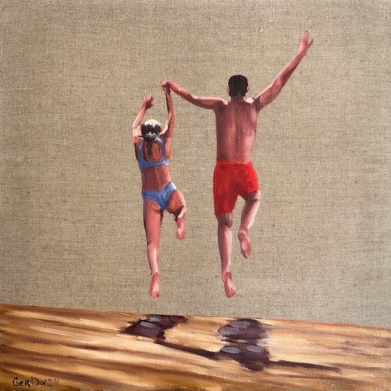 Jump with me - Couple Swimmer on Beach Painting