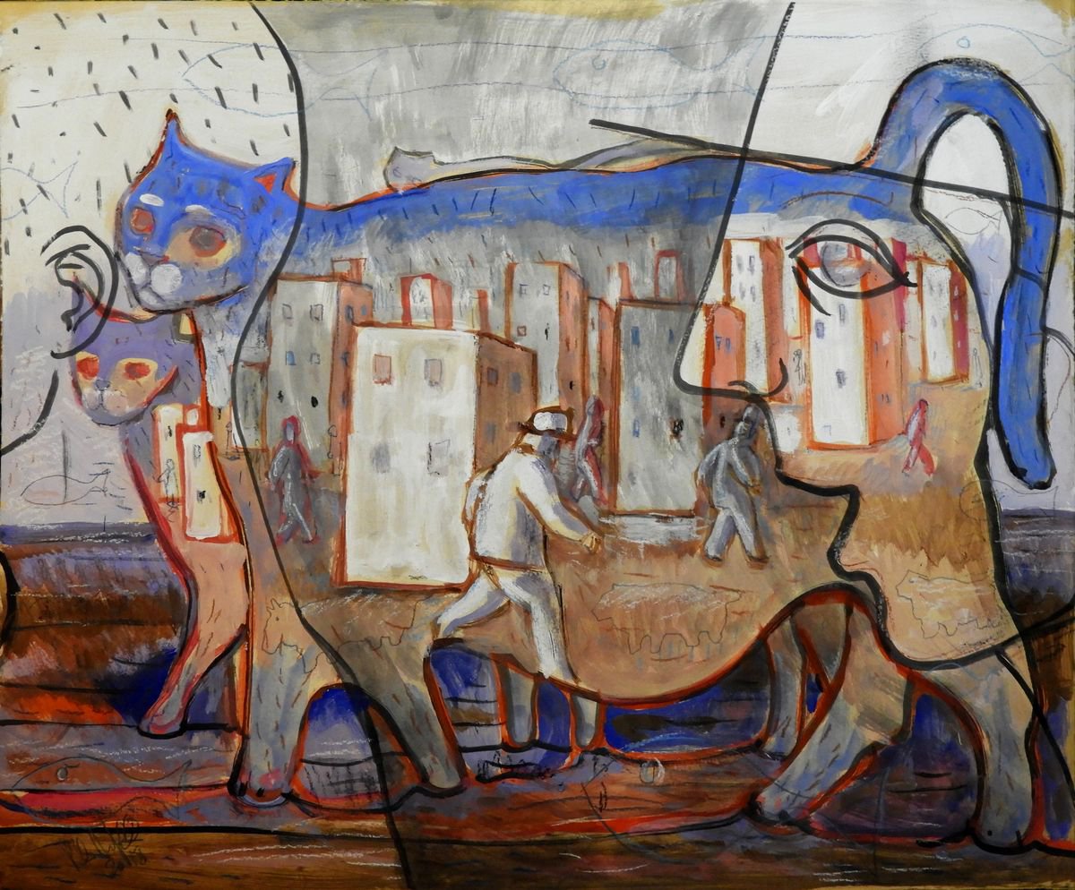 Surrealistic Animal Painting By Paolo Beneforti, 24 X 19", The Fat Cats, Original Artwork