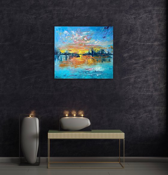 Sunset - Big city never sleeps, 70*80cm, impressionistic landscape oil painting in orange and turquoise