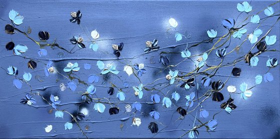 "Powder Blue Roses II" textured floral painting in landscape format