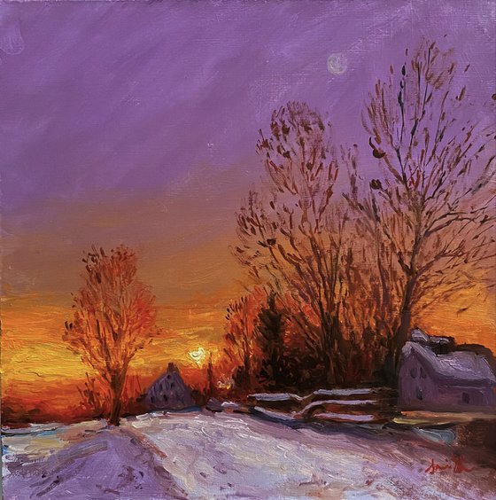 Cottages in the Winter Snow, at Sunset.