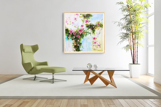 Trailing Roses Large Abstract Flower Painting 100x100cm 39x39" Modern Flower Painting Bedroom Decor Hotel Decor Pink and Greens Bright Artwork