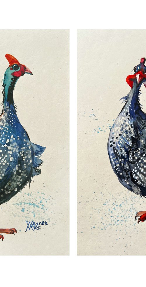 Guinea fowl. A striking pair. by Natalia Veyner