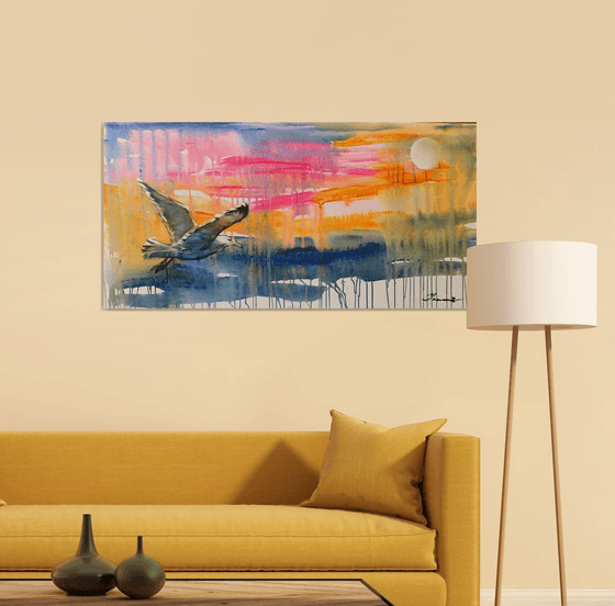 Bright horizontal painting - "Seagull in flight" - Pop Art - Bird - California - Miami - Sea - Ocean - Sunset