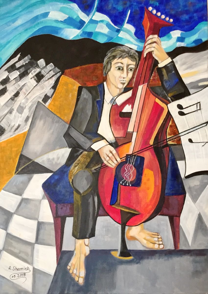 Abstract Portrait Acrylic Painting By Abdelrahman Shamieh, 20 X 28, Street Music, Original Artwork