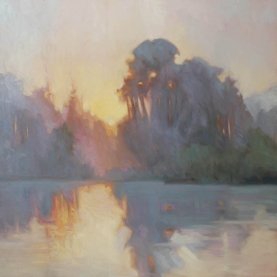 "Evening fog" River gray orange oil landscape