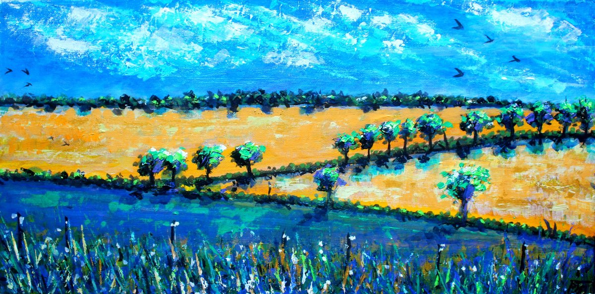 Impressionistic Landscape Painting By Paul J Best, 24 X 12", Newton Valence, Original Artwork