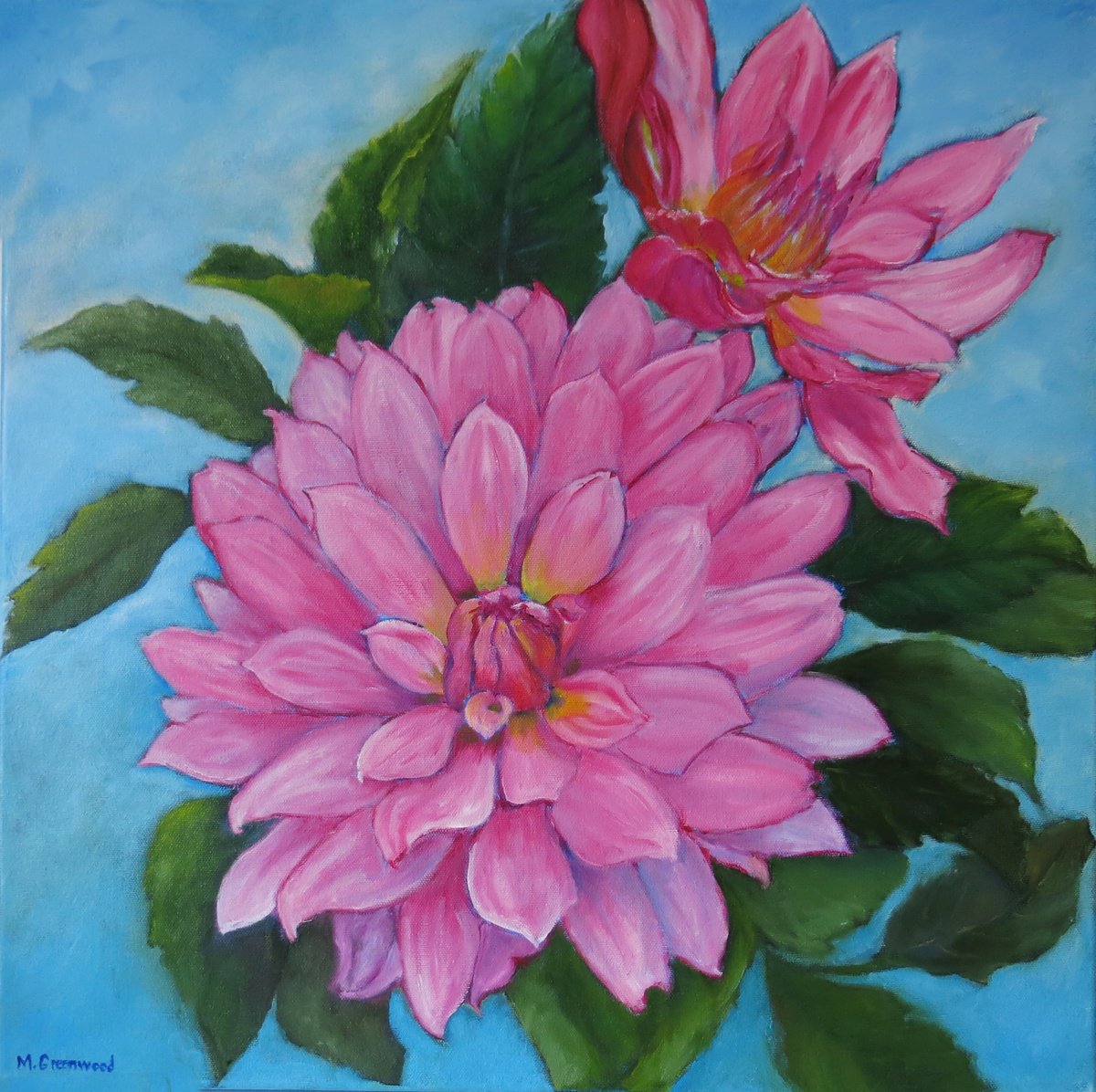 Impressionistic Botanical Oil Painting By Maureen Greenwood, 20 X 20", Delectable Dahlias, Original Artwork