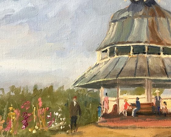 Clock tower and seaside shelter. This is an original plein air painting.