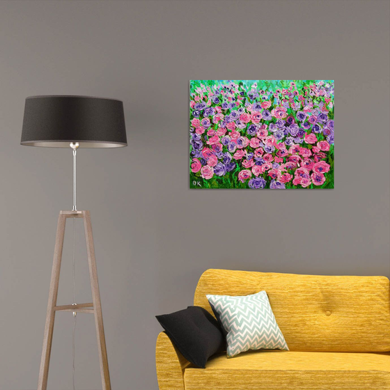 FIELD OF Happyness PURPLE PINK WHITE  ROSES  palette knife modern decor MEADOW OF FlOWERS, LANDSCAPE,  office home decor gift