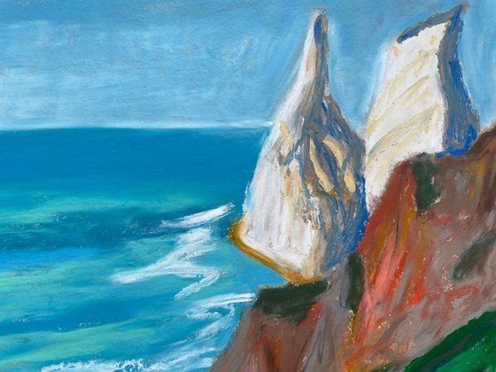 Sea Original Painting, Portugal Landscape Oil Pastel Drawing, Coastal Wall Art