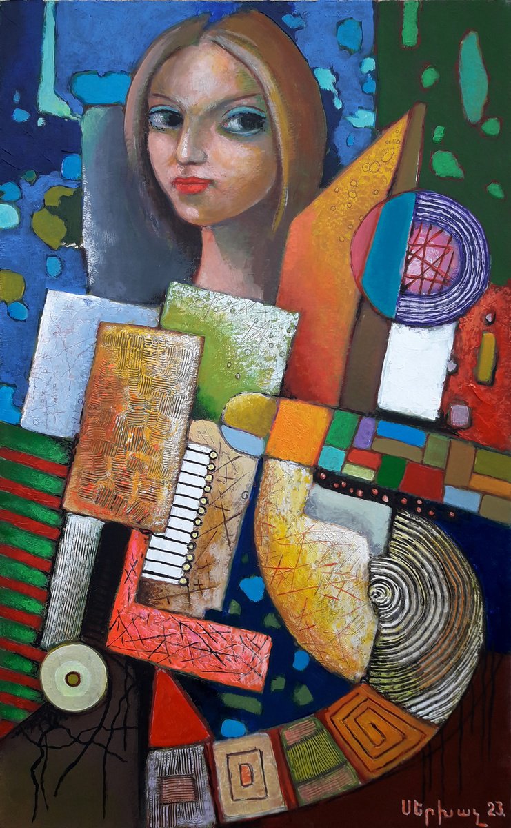 Abstract Portrait Oil Painting By Sergey Xachatryan, 20 X 31", Model, Original Artwork