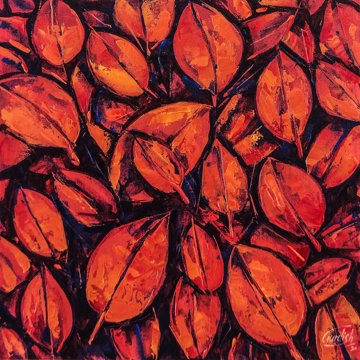 Abstract Still Life Acrylic Painting By Artist Gurdish Pannu, 18 X 18, Red Petals, Original Artwork