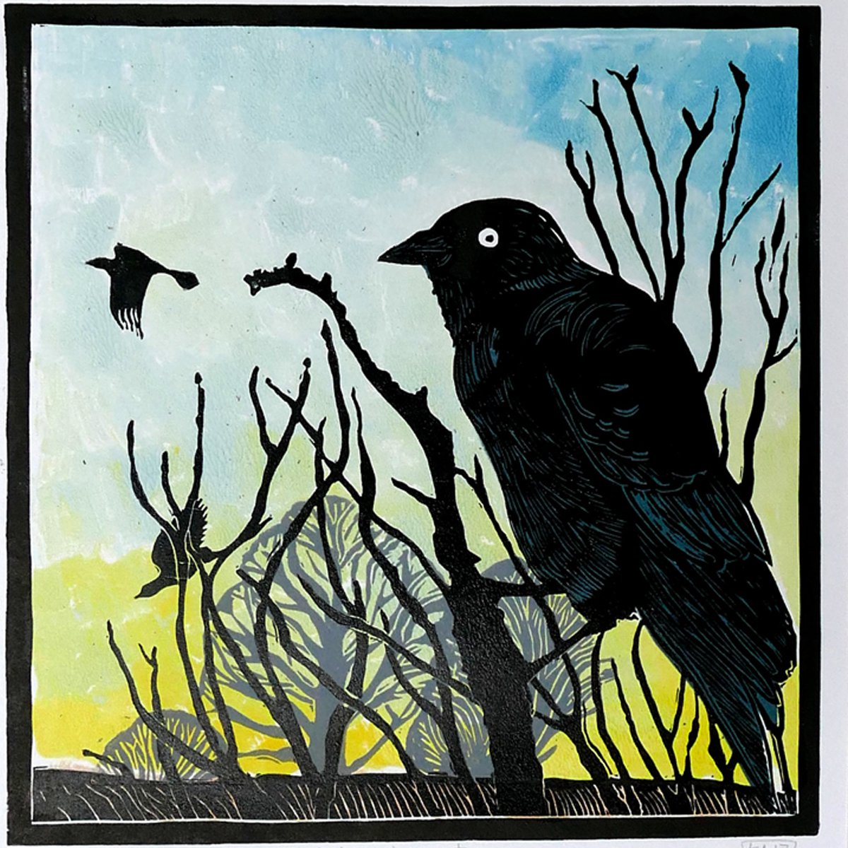 Illustrative Animal Linocut By Keith Alexander, 197 X 197", Jackdaw In A Tree, Original Artwork