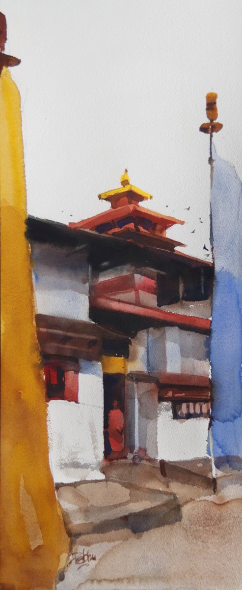 Impressionistic Landscape Watercolour By Prashant Prabhu, 10 X 23", Flagposts For The Tiny Gate, Original Artwork