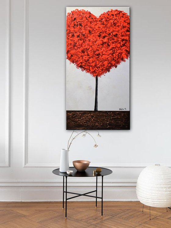 Heart Tree - Abstract Textured Red Tree Painting
