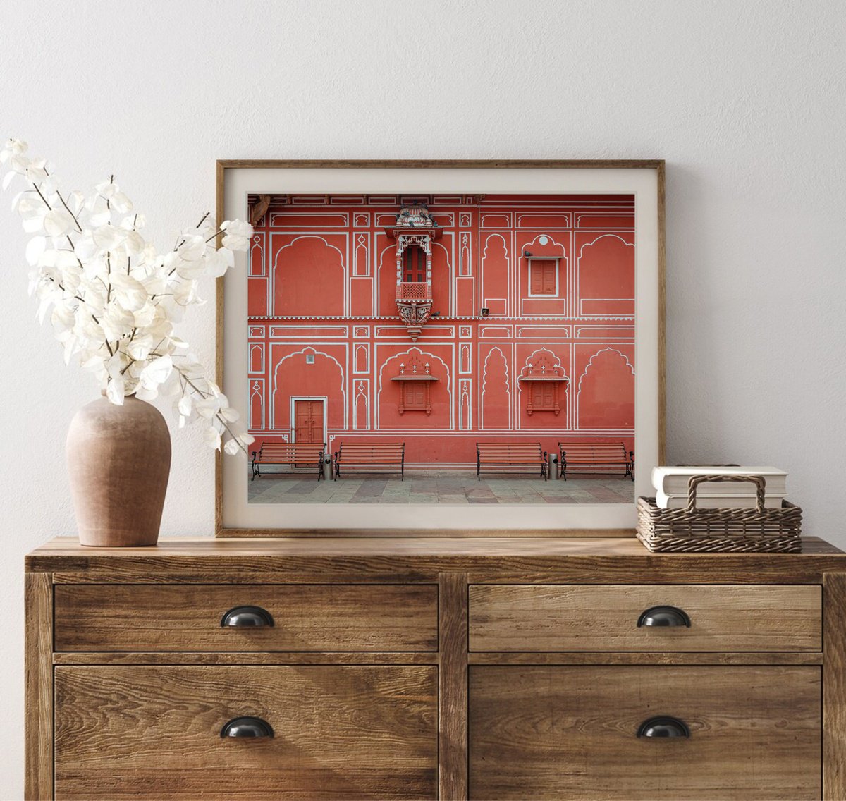 Photorealistic Cityscapes Photograph By Serge Horta, 20 X 17", Ornate Red Wall, Original Artwork