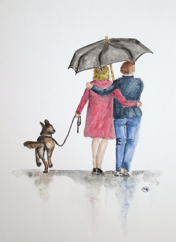 Couple walking the dog together