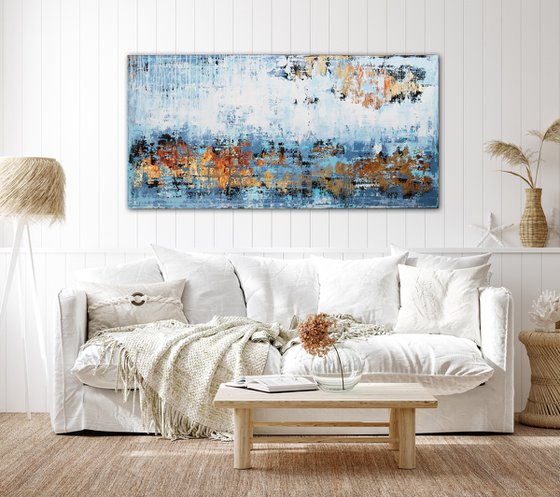 SKADIS LAND * 63" x 31.5" * ACRYLIC PAINTING ON CANVAS * WHITE * BLUE * GOLD