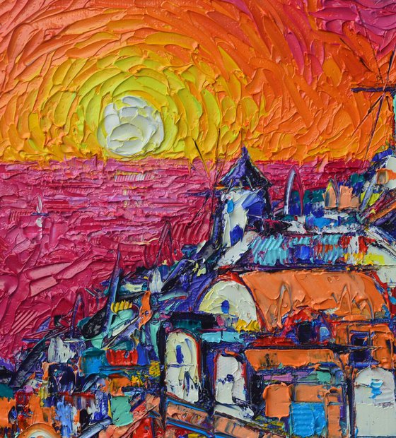 ABSTRACT SANTORINI OIA SUNSET 7 GREECE CYCLADES ISLANDS contemporary impressionist abstract cityscape impasto palette knife original oil painting