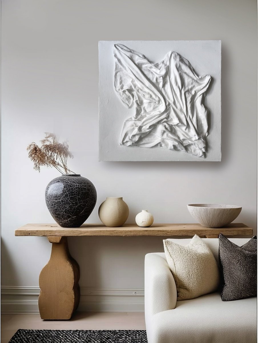 Organic Abstract Relief By Viacheslav Zaykin, 20 X 20", White Textured Canvas Art, Relief Minimalism, Original Artwork