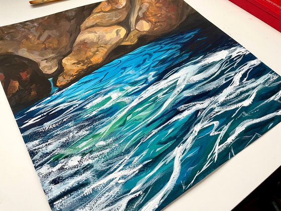 Ocean Gouache Painting, Sea Water Original Artwork, Coastal Wall Art
