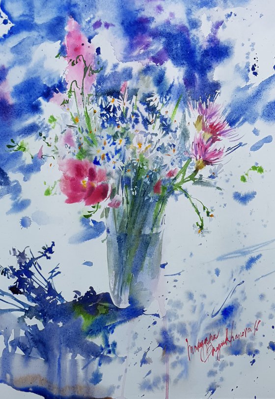 Wildflowers bouquet. Blue flowers in watercolor