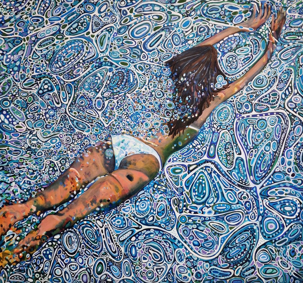 Urban And Pop Portrait Acrylic Painting By Alexandra Djokic, 54 X 51, Underwater Abstract, Original Artwork