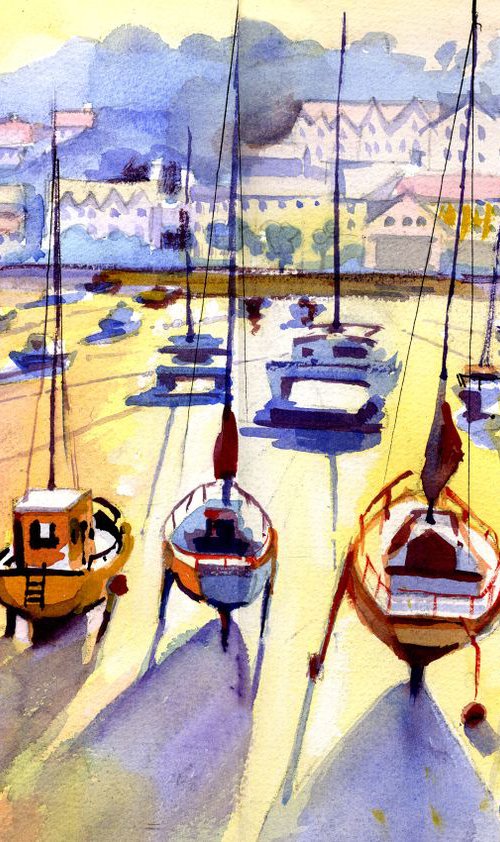 St Aubin Harbour, Jersey, Channel Islands. Boats, Beach & Sea. Sunset by Peter Day