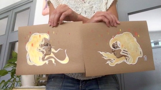 (SOLD) Girl with golden hair blowing on brown paper: Goldilocks 2