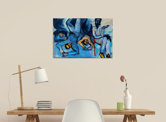 SWEET DREAMS - blue & grey figurative art, medium-sized painting