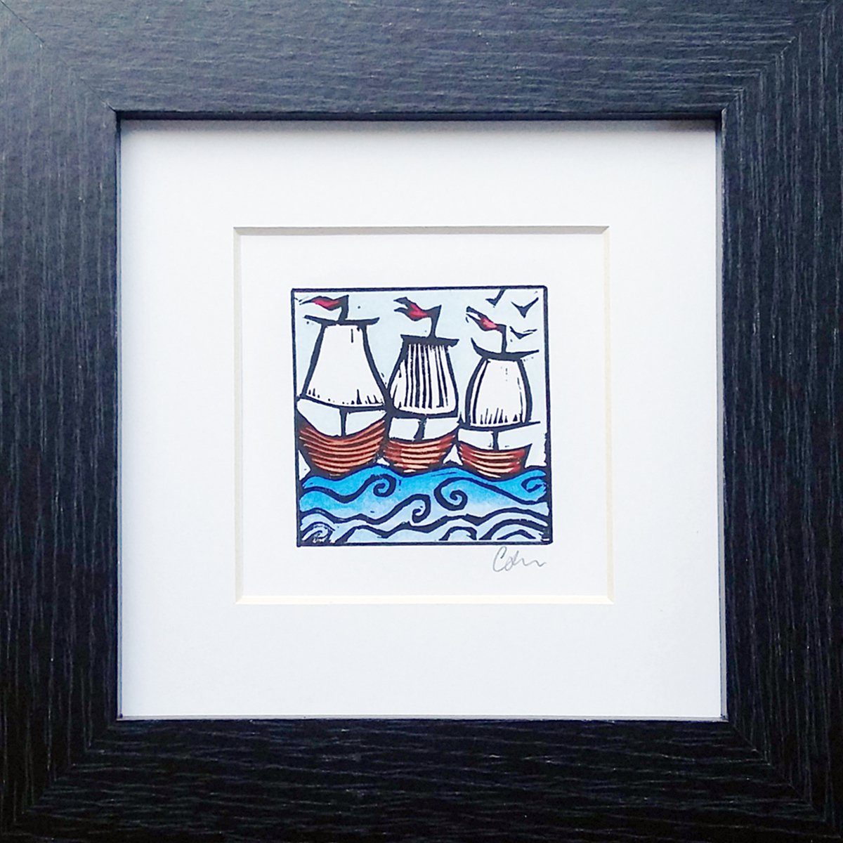 I saw three ships... miniature hand painted linocut print based on the Christmas carol - F... by Carolynne Coulson